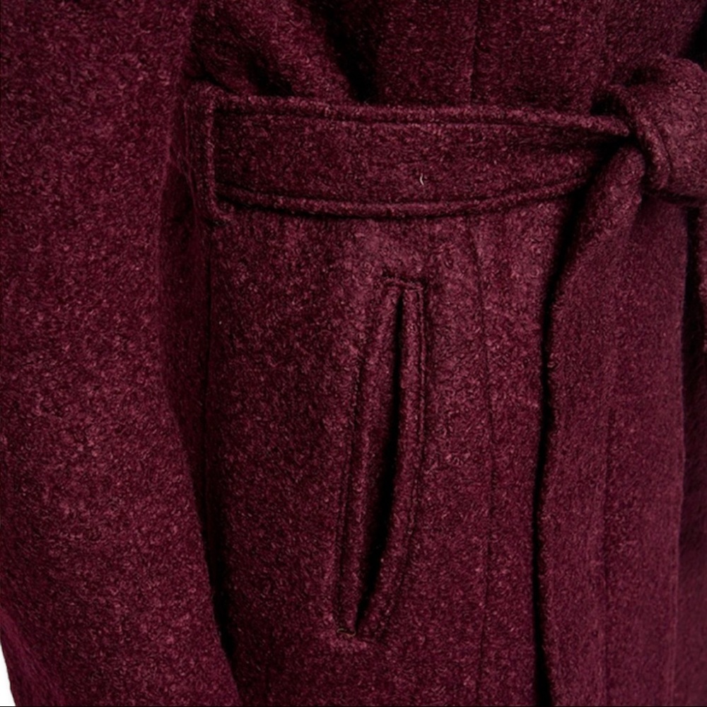 COLE HAAN Wool Coat Maroon Hooded Wrap Around Tie Waist Pockets - Picture 3 of 4
